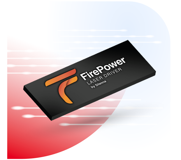 Silanna FirePower™ Laser Driver Chip — Feature Silanna FirePower Laser Driver chip — 3D render showing IC package with orange boomerang logo and product branding